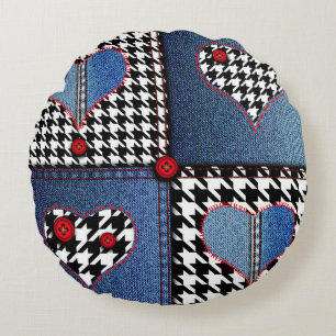 Denim Patchwork: naadloos stoffenpatroon Rond Kussen