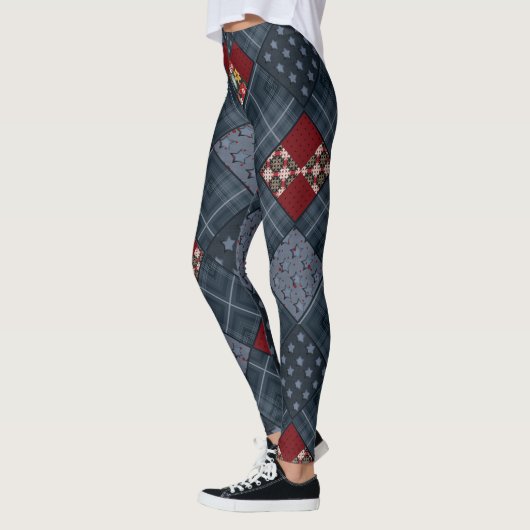 Denim patchwork, patchwork, textiel, blauw patroon leggings (Links)