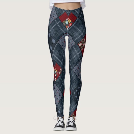 Denim patchwork, patchwork, textiel, blauw patroon leggings (Voorkant)