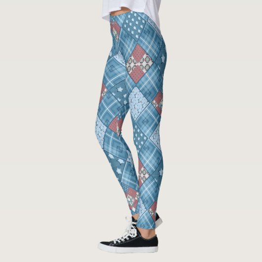 Denim patchwork, patchwork, textiel, blauw patroon leggings (Links)