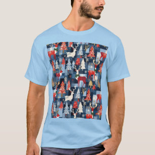 Denim Patchwork Plaid Kerstbomen & Rendieren T-shirt