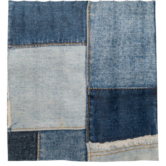 Denim Patchwork:  textielpatroon Douchegordijn (Voorkant)