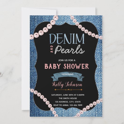 Denim Pearls Baby shower uitnodiging (Voorkant)