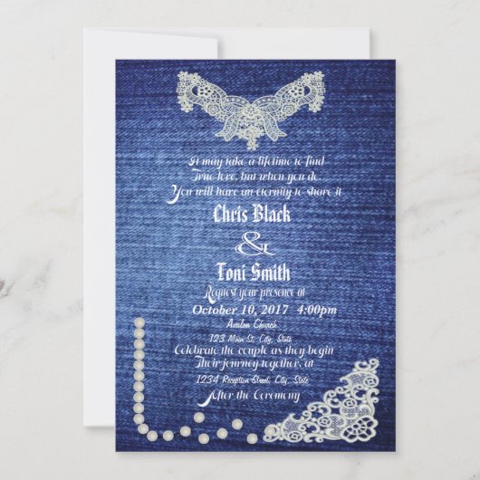 Denim, Perles et mariage de dentelle Invitation (Devant)