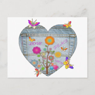 Denim Pocket Heart Flowers Butterflies Briefkaart