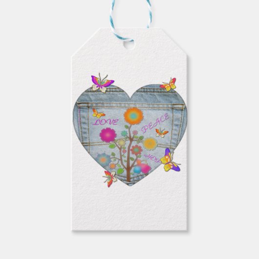 Denim Pocket Heart Flowers Butterflies Cadeaulabel (Voorkant)