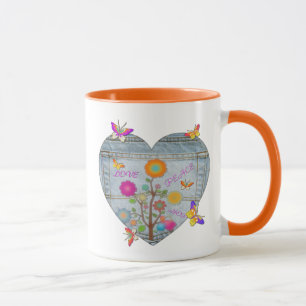 Denim Pocket Heart Flowers Butterflies Coffee Mok