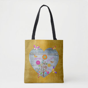 Denim Pocket Heart Flowers Butterflies Draagtas