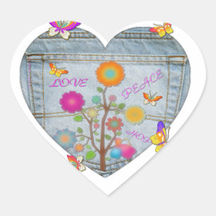 Denim Pocket Heart Flowers Butterflies Hart Sticker