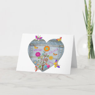 Denim Pocket Heart Flowers Butterflies Holiday Feestdagen Kaart