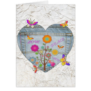 Denim Pocket Heart Flowers Butterflies-kaart