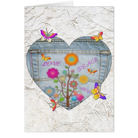 Denim Pocket Heart Flowers Butterflies-kaart (Voorkant)