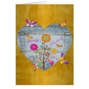 Denim Pocket Heart Flowers Butterflies-kaart