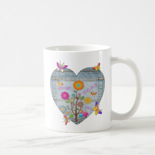 Denim Pocket Heart Flowers Butterflies Koffiemok
