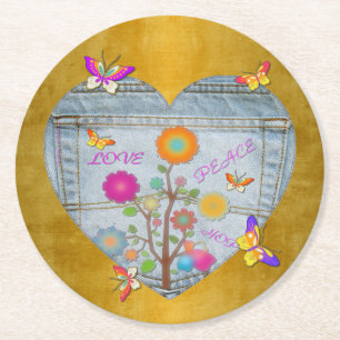 Denim Pocket Heart Flowers Butterflies Ronde Kartonnen Onderzetter
