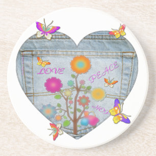 Denim Pocket Heart Flowers Butterflies Zandsteen Onderzetter