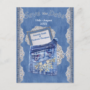 Denim Pocket met Crème Bloem Kant Aankondigingskaart