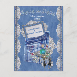Denim Pocket met Kostuum Sieraden en Kant Aankondigingskaart