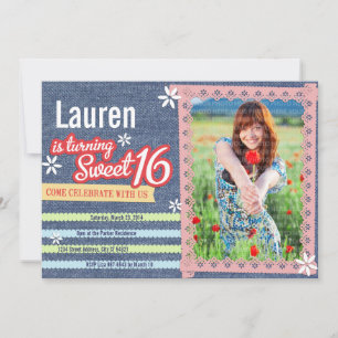 Denim & Roze Kant Sweet 16 foto uitnodiging