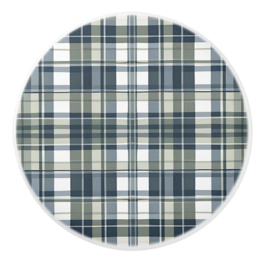 Denim Sage White Plaid Keramische Knop (Voorkant)