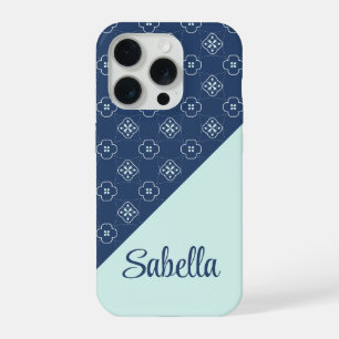 Denim Stijl Blauw en Mint Bloem Tegels Patroon iPhone 15 Pro Hoesje