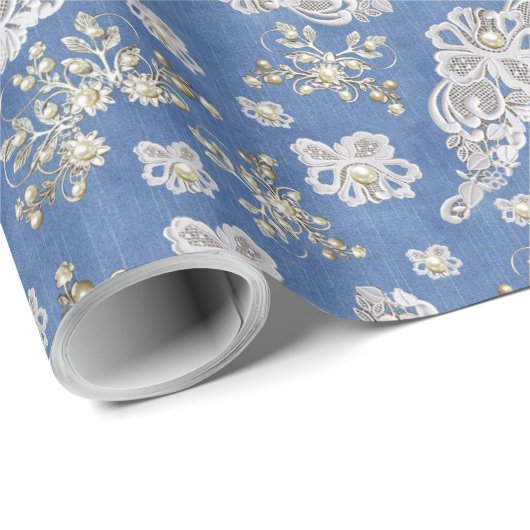 Denim Textured Lace en Pearls Cadeaupapier (Rol Hoek)