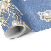Denim Textured Lace en Pearls Cadeaupapier (Rol Hoek)