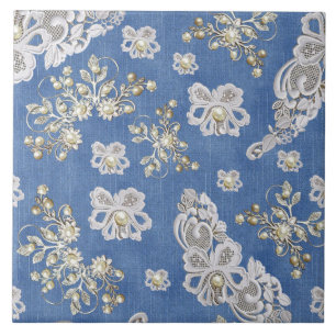 Denim Textured Lace en Pearls Tegeltje