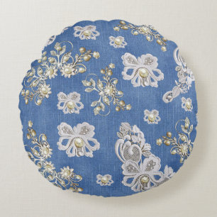 Denim Textuur Kant en Parels Rond Kussen