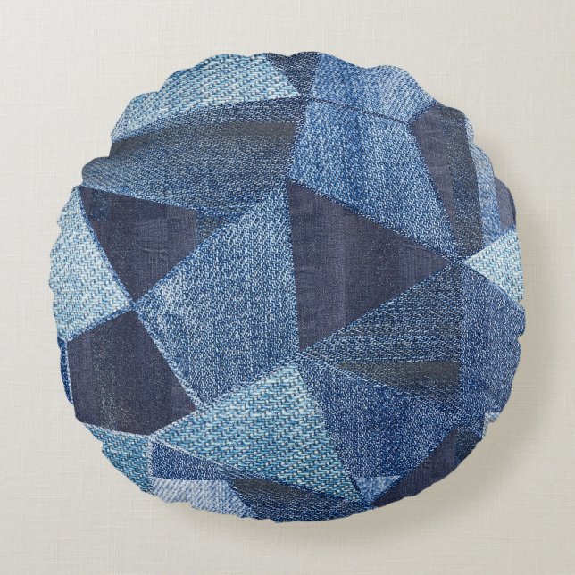 Denim Urban: Gestreepte patchwork. Rond Kussen (Voorkant)