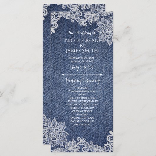 Denim & White Floral Lace Programme de mariage Rac (Devant / Derrière)