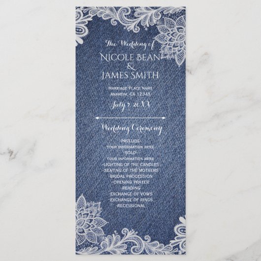 Denim & White Floral Lace Programme de mariage Rac (Devant)