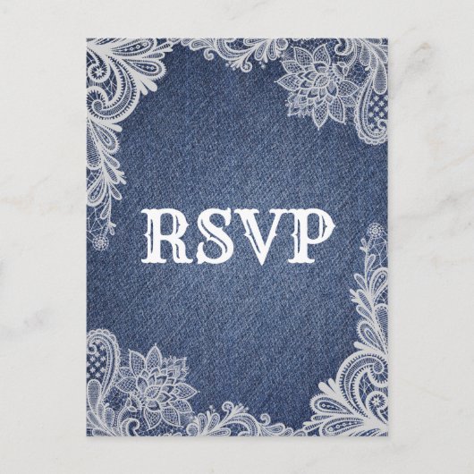 Denim & Witte Bloemenkanten Elegante Trouw-RSVP Uitnodiging Briefkaart (Voorkant)