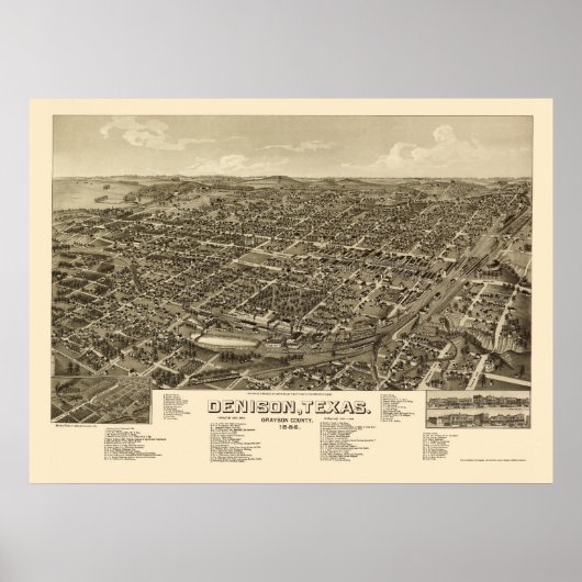 Denison, TX Panoramic Map - 1886 Poster (Voorkant)