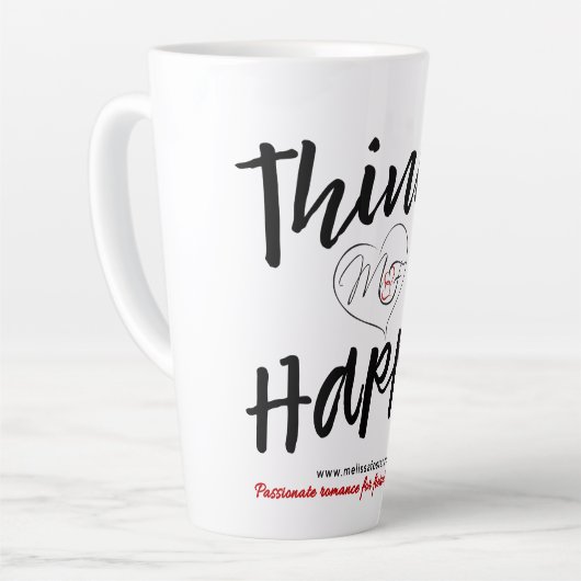 Denk aan de gelukkige logo witte latte mok (Linkerhoek)