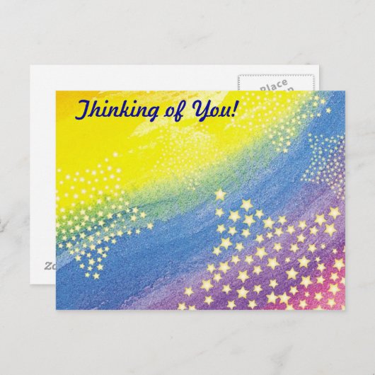 Denk aan jou! Briefkaart voor regenboog en sterren (Voorkant / Achterkant)