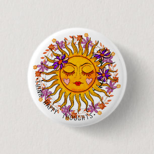 Denk na over vrolijke gedachten - zon en bloemen p ronde button 3,2 cm