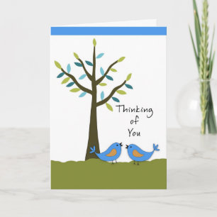Denken aan jou met twee blauwe vogels en bomen kaart