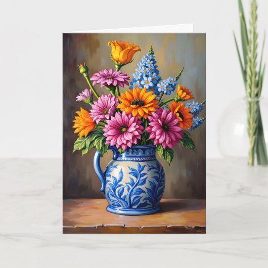 Denkend Aan Jou Blauwe Witte Kan Helder Bloemen Kaart (Voorkant)