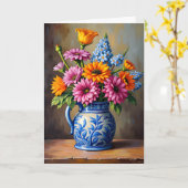 Denkend Aan Jou Blauwe Witte Kan Helder Bloemen Kaart (Gele Bloem)