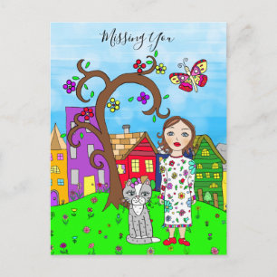 Denkend aan jou, Whimsical Dame en Kat Vriendschap Briefkaart