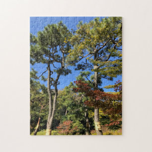 Dennen op een herfstige hemel legpuzzel