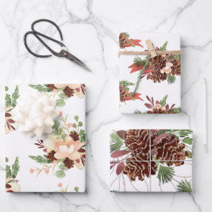 Dennenappels en bloemboeketten gevarieerd inpakpapier vel