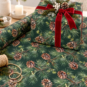 Dennenappels op witte dennenkransen cadeaupapier