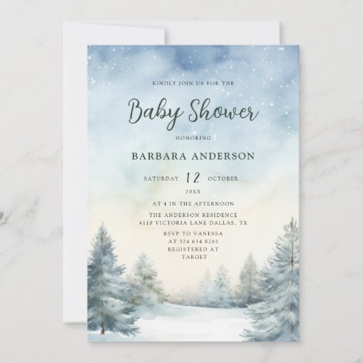 Dennenboom-babyshower waterverf winter uitnodiging (Voorkant)