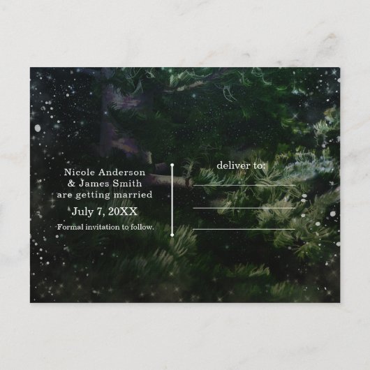 Dennenboom & Lichtjes Winter Huwelijk Save the Dat Aankondigingskaart (Achterkant)