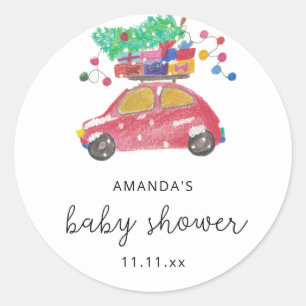 Dennenboom op rode auto Baby shower Ronde Sticker
