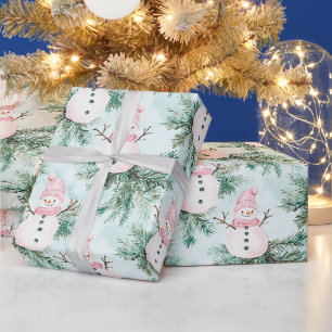 Dennenboom Roze Witte Sneeuwpop Meisje Cadeaupapier