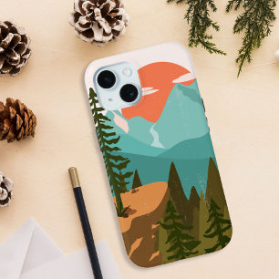 Dennenbos, bergen en zonsopgang