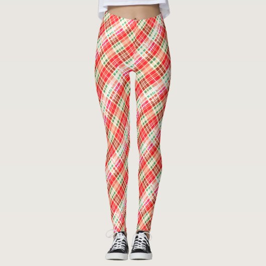 Dense Bright Diagonal Red Holiday Plaid Leggings (Voorkant)